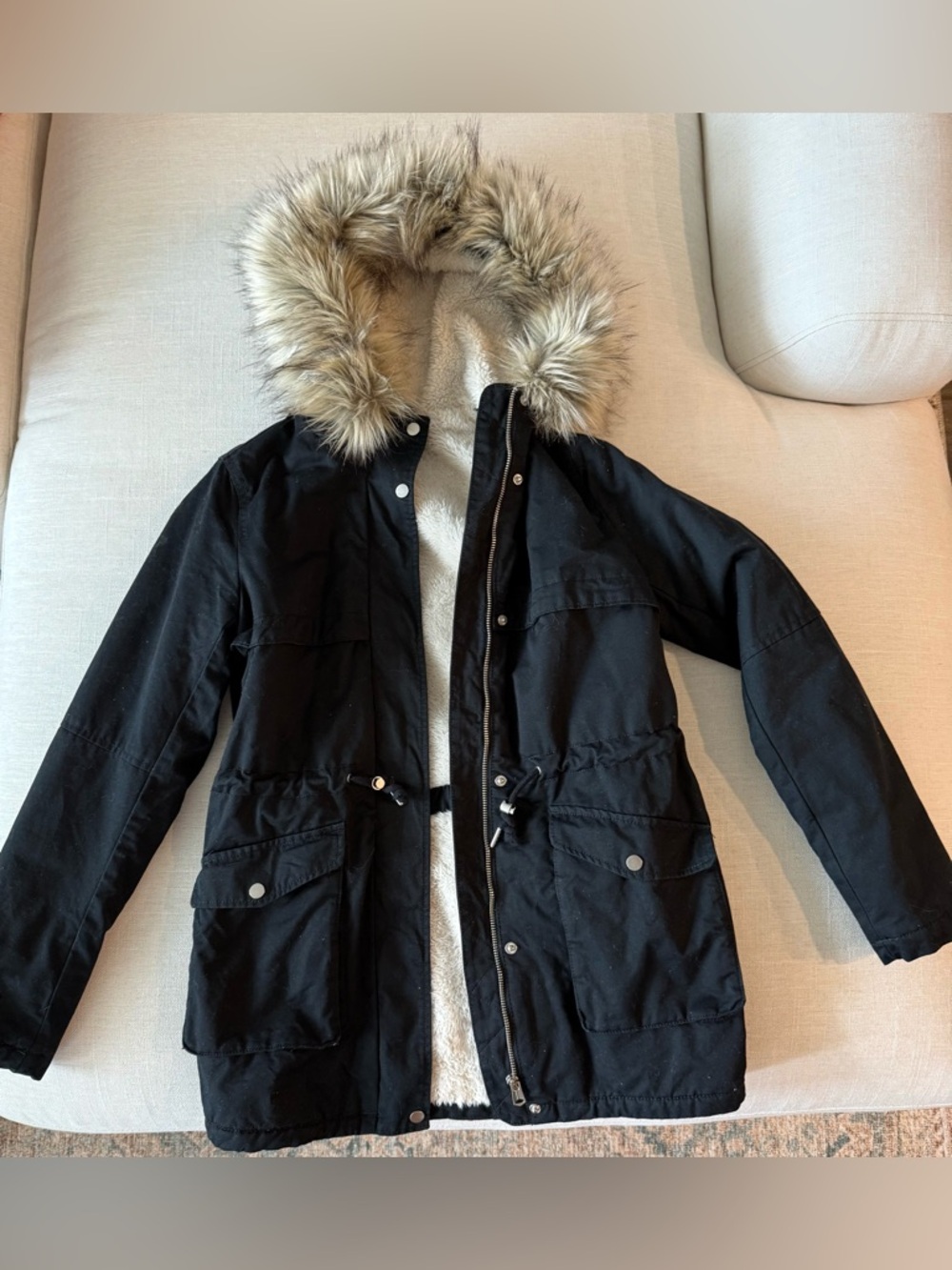 H&M Black Hooded Puffer Coat with Faux Fur Trim